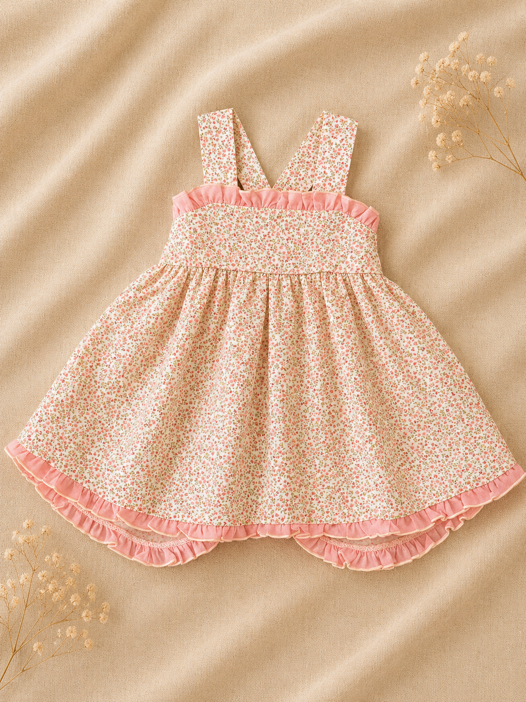 Vestito Floreale Rosa con Bretelle Incrociate e Cappellino