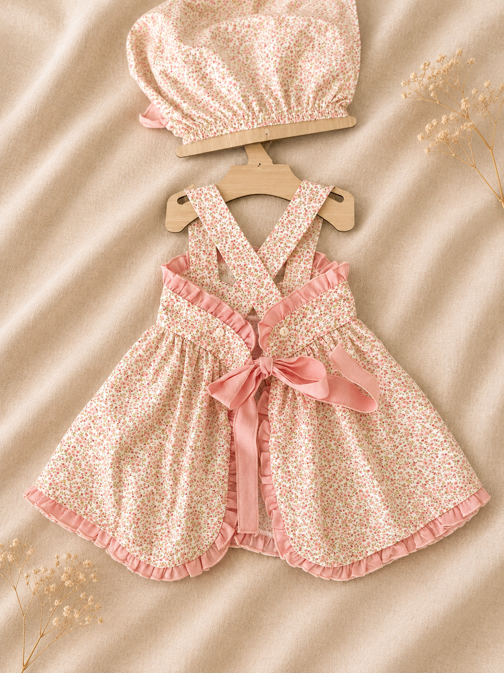 Vestito Floreale Rosa con Bretelle Incrociate e Cappellino