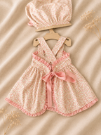 Vestito Floreale Rosa con Bretelle Incrociate e Cappellino