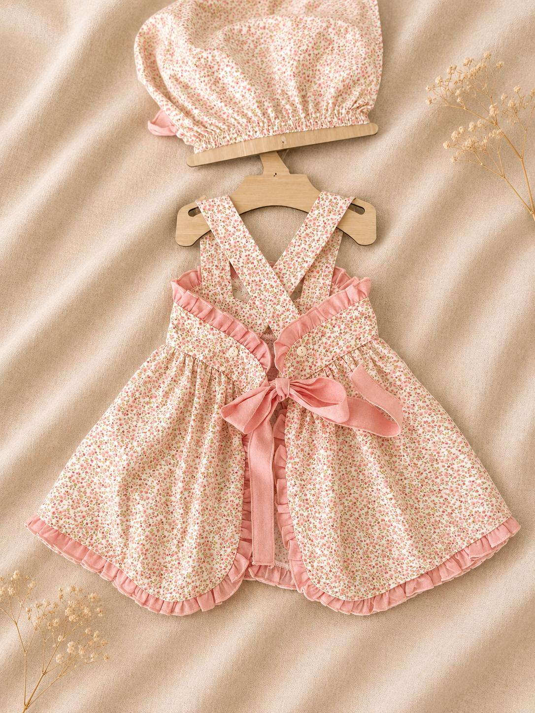 Vestito Floreale Rosa con Bretelle Incrociate e Cappellino