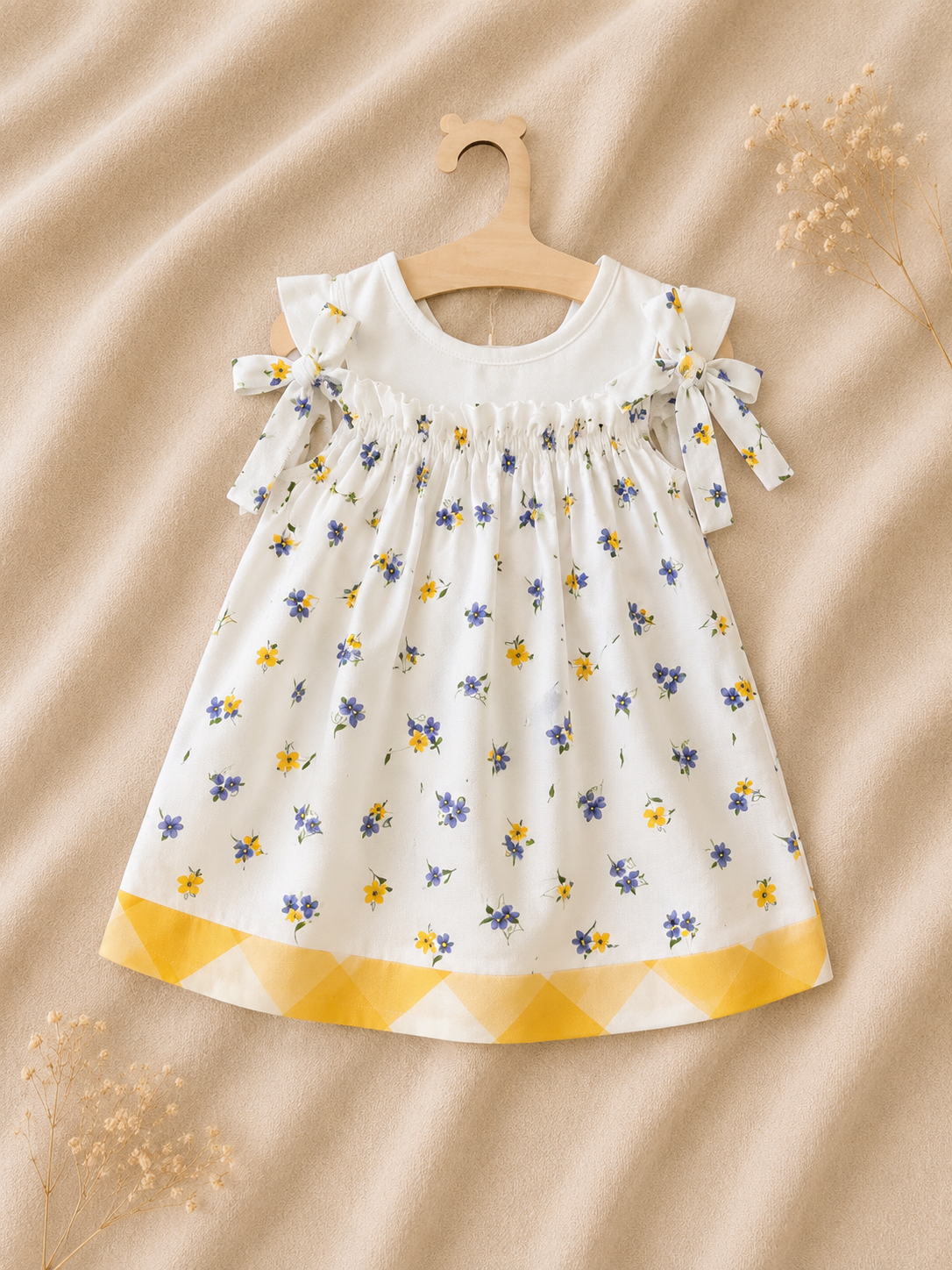 Vestito Bambina Bianco Floreale con Fiocchi sulle Spalle