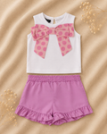 Set Bambina Top Bianco con Fiocco a Pois e Shorts Lilla