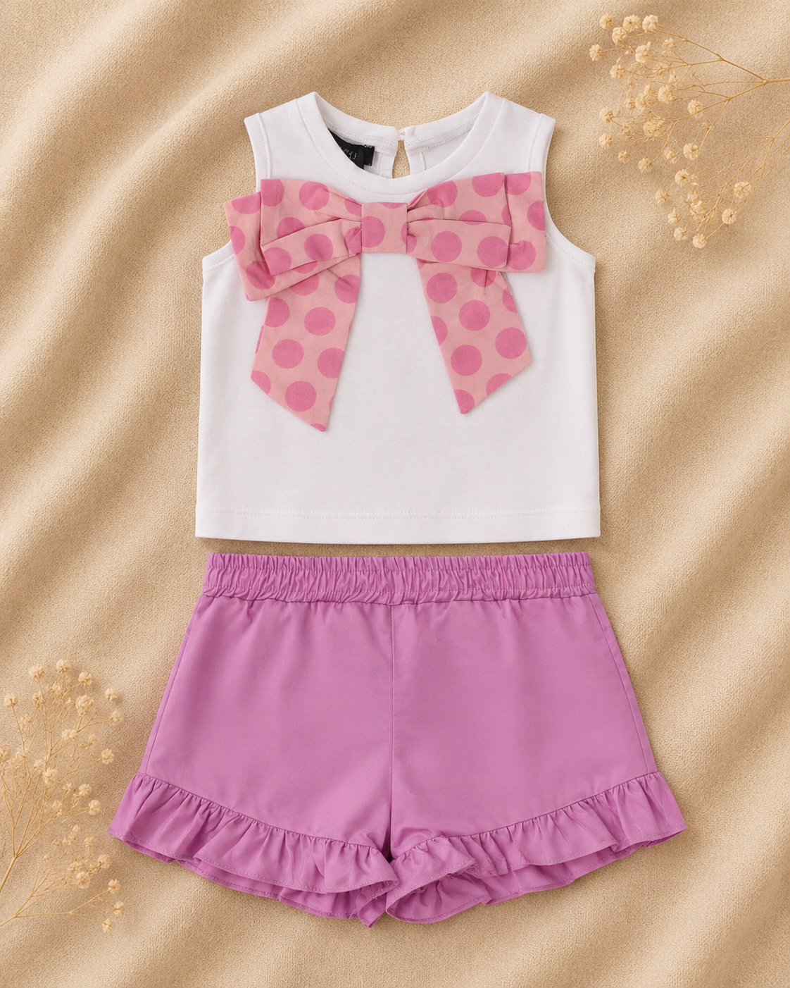 Set Bambina Top Bianco con Fiocco a Pois e Shorts Lilla