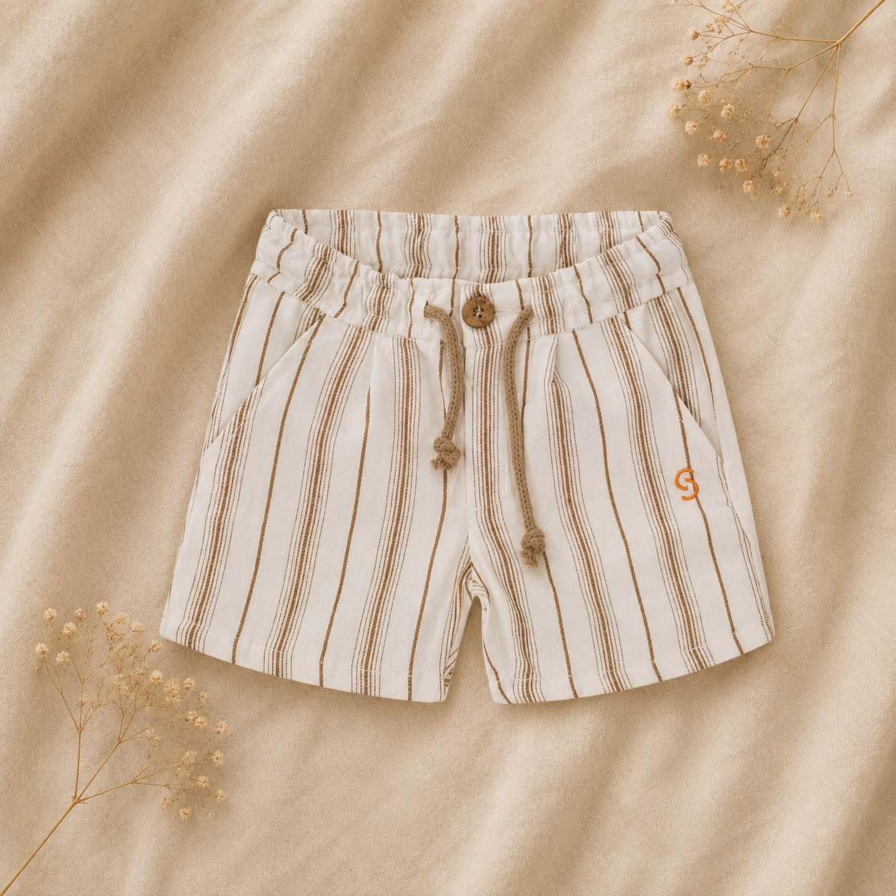 Shorts Bambino a Righe Beige con Laccetto