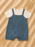 Set Salopette a Righe Blu con Body Bianco
