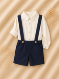 Completo Cerimonia Bambino – Camicia Bianca e Shorts Blu Navy con Bretelle