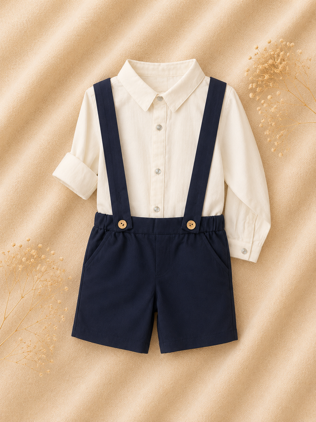 Completo Cerimonia Bambino – Camicia Bianca e Shorts Blu Navy con Bretelle