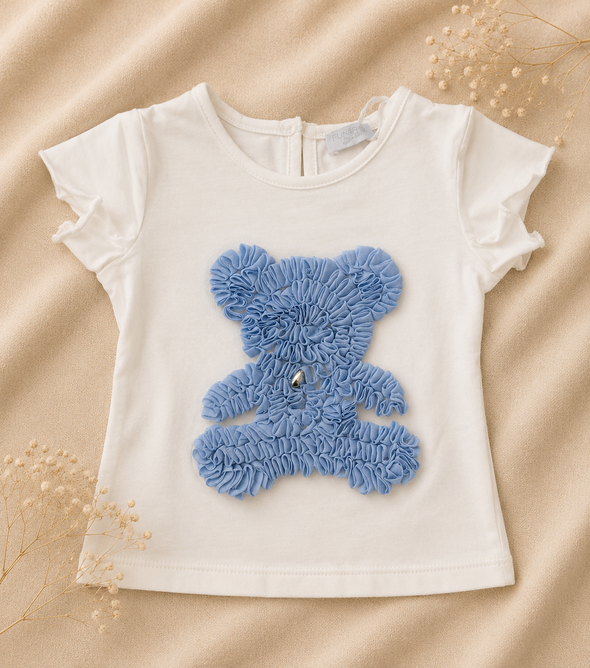 T-shirt Bianca con Orsetto 3D Azzurro
