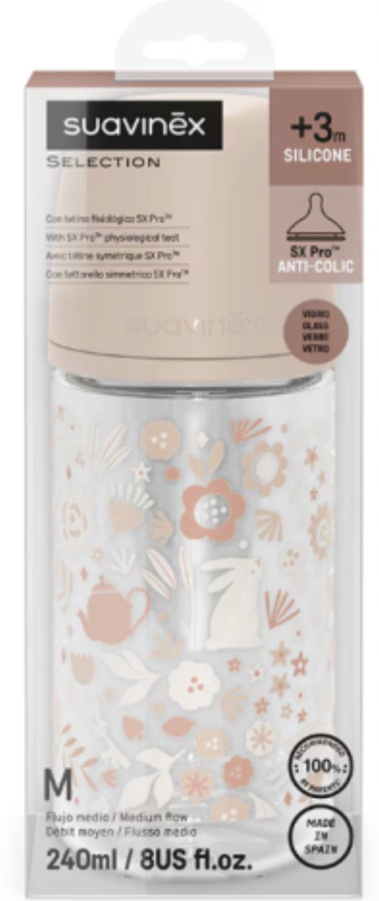 Suavinex Selection Biberon 240ml Vetro SX Pro +3m Flusso Medio Floreale Beige