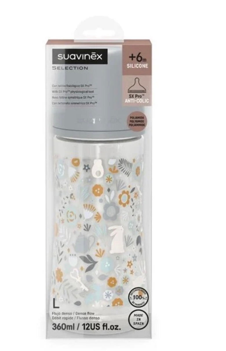 Suavinex Selection Biberon 360ml Silicone SX Pro +6m Flusso Denso Grigio Botanico