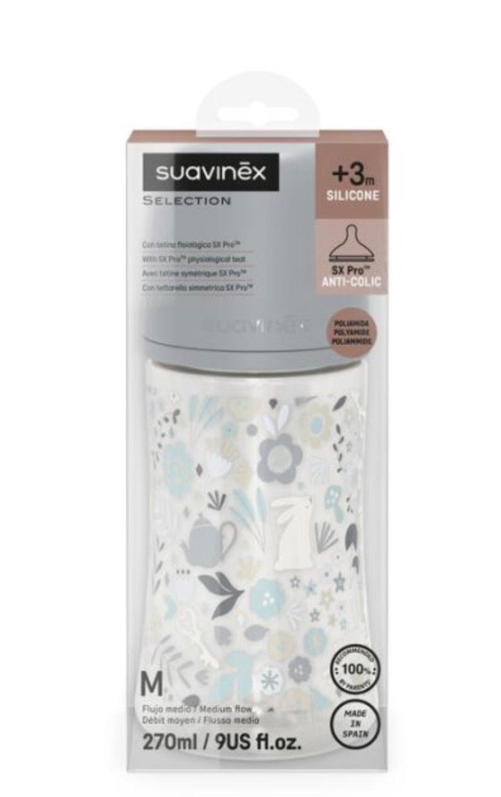 Suavinex Selection Biberon 270ml Silicone SX Pro +3m Flusso Medio Floreale Grigio