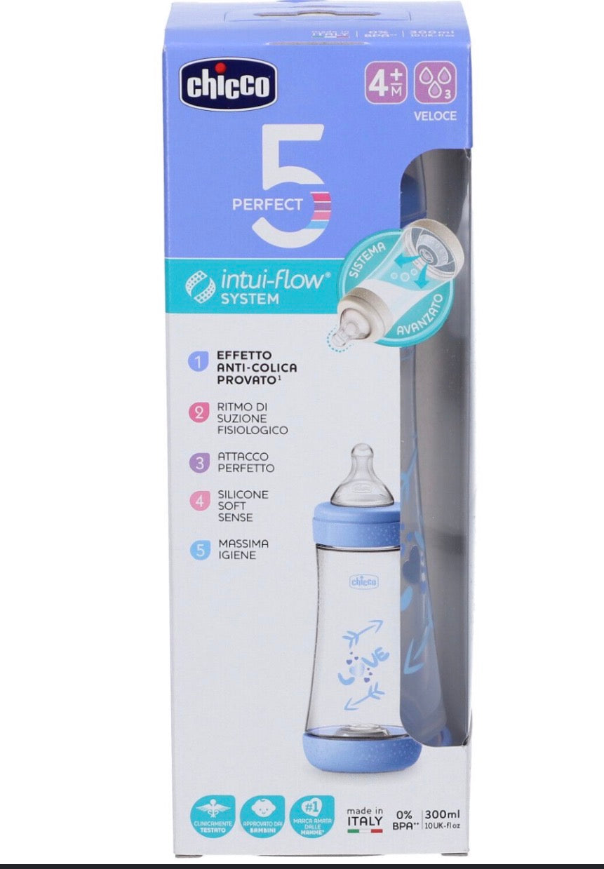 Chicco Perfect 5 Intui-Flow – Biberon Silicone 300ml 4m+ Azzurro