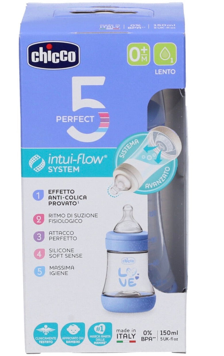 Chicco Perfect 5 Intui-Flow – Biberon Silicone 150ml 0m+ Azzurro