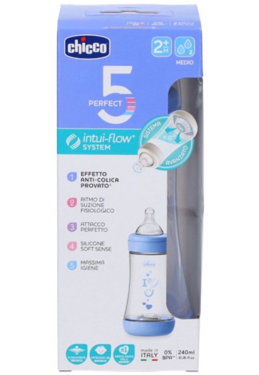Chicco Perfect 5 Intui-Flow – Biberon Silicone 240ml 2m+ Azzurro